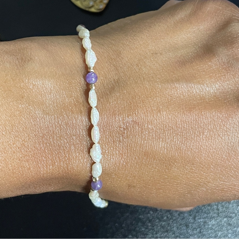 14K Japanese Rice Pearl Lavender Jade Bracelet Chic Gemstones Pearls Vintage 80s - Picture 1 of 7